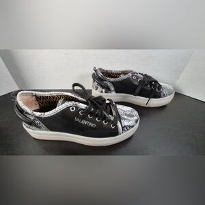 Valentino Platform Sneakers, Black leather with snakeskin Size 9.5
